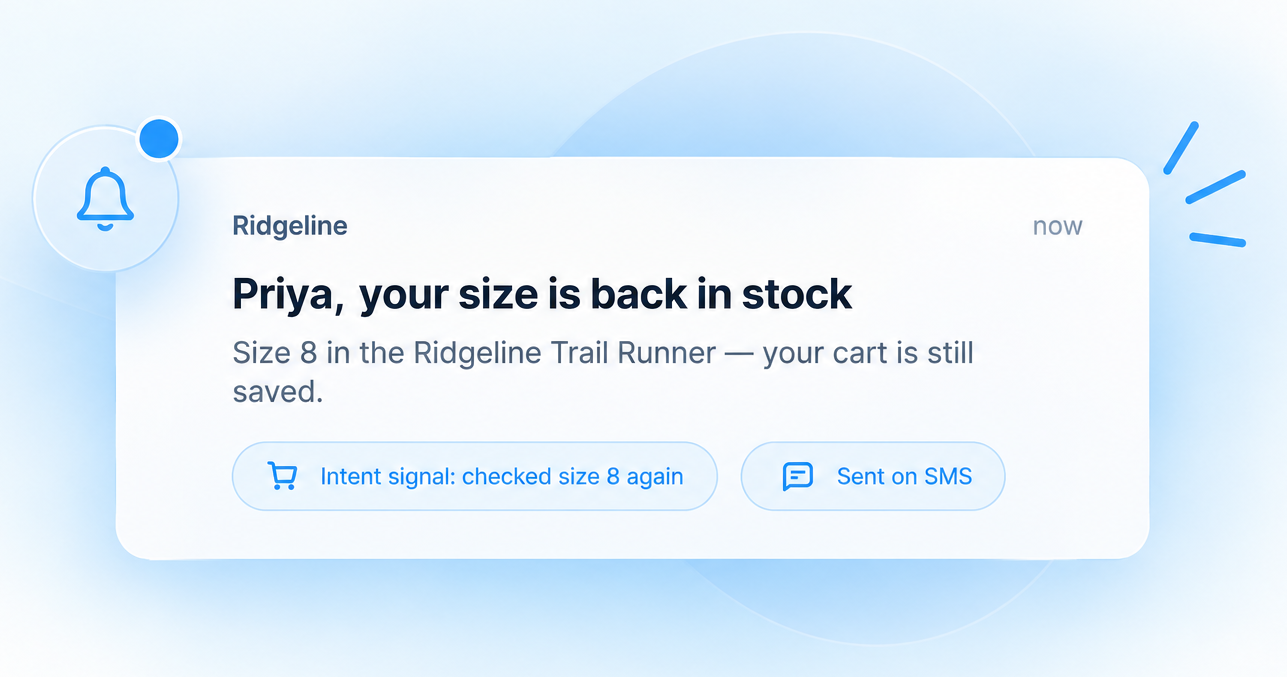 A notification from Ridgeline telling Priya her size is back in stock, with pills for the intent signal and the SMS channel.