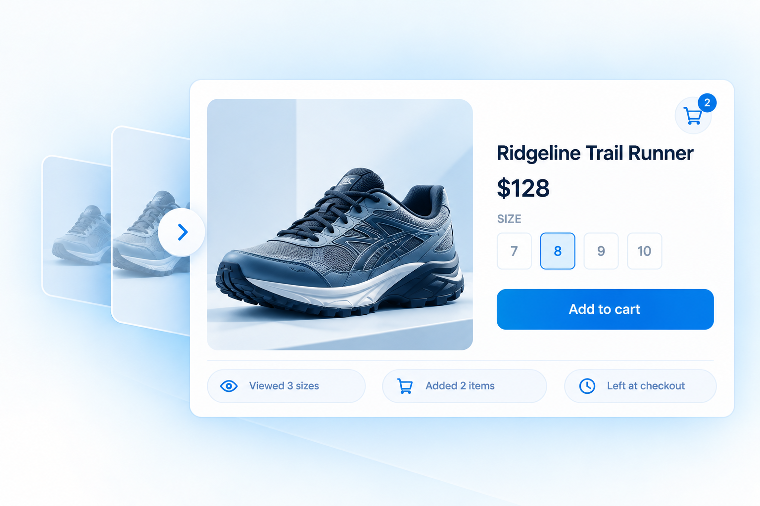 A Ridgeline Trail Runner product card showing that the shopper viewed three sizes, added two items and left at checkout.